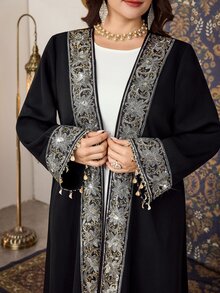 Al Najma Loose Open Front Long Robe, Long Sleeve Versatile Patchwork Ribbon Tassel Floral Trim Vintage Elegant Plus Size Women Arabic Abaya - Black - View 6