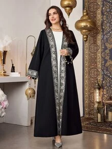 Al Najma Loose Open Front Long Robe, Long Sleeve Versatile Patchwork Ribbon Tassel Floral Trim Vintage Elegant Plus Size Women Arabic Abaya - Black - View 4