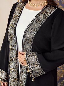 Al Najma Loose Open Front Long Robe, Long Sleeve Versatile Patchwork Ribbon Tassel Floral Trim Vintage Elegant Plus Size Women Arabic Abaya - Black - View 7