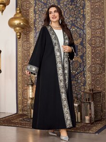 Al Najma Loose Open Front Long Robe, Long Sleeve Versatile Patchwork Ribbon Tassel Floral Trim Vintage Elegant Plus Size Women Arabic Abaya - Black - View 5