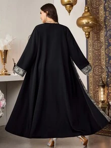 Al Najma Loose Open Front Long Robe, Long Sleeve Versatile Patchwork Ribbon Tassel Floral Trim Vintage Elegant Plus Size Women Arabic Abaya - Black - View 2