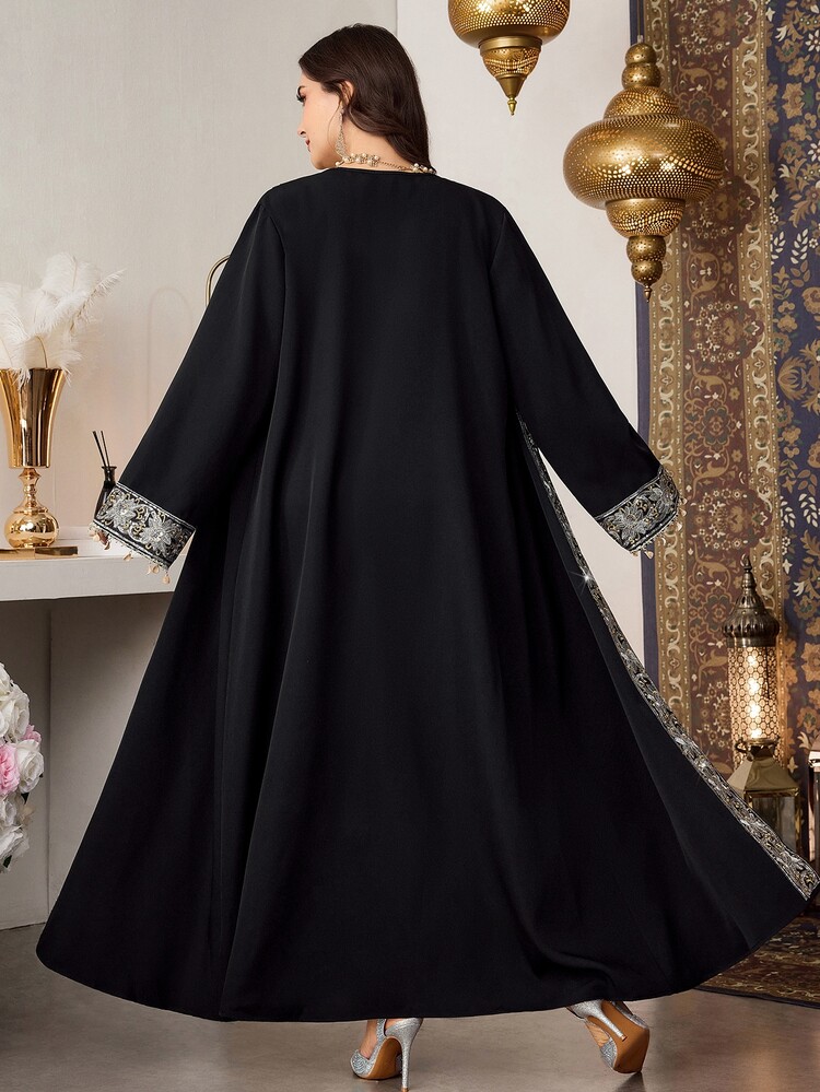 Al Najma Loose Open Front Long Robe, Long Sleeve Versatile Patchwork Ribbon Tassel Floral Trim Vintage Elegant Plus Size Women Arabic Abaya - Black - View 2