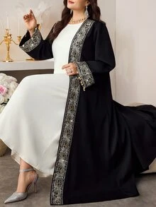 Al Najma Loose Open Front Long Robe, Long Sleeve Versatile Patchwork Ribbon Tassel Floral Trim Vintage Elegant Plus Size Women Arabic Abaya - Black - View 3