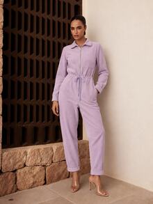 Dancing Leopard Purple Ribbed Zip-Front Wide-Leg Jumpsuit, Everyday Weekend Wear - Purple - View 1