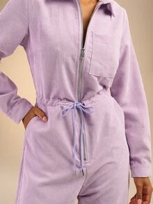 Dancing Leopard Purple Ribbed Zip-Front Wide-Leg Jumpsuit, Everyday Weekend Wear - Purple - View 5