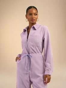 Dancing Leopard Purple Ribbed Zip-Front Wide-Leg Jumpsuit, Everyday Weekend Wear - Purple - View 8