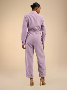 Dancing Leopard Purple Ribbed Zip-Front Wide-Leg Jumpsuit, Everyday Weekend Wear - Purple - View 2