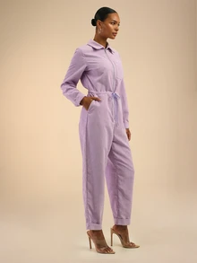 Dancing Leopard Purple Ribbed Zip-Front Wide-Leg Jumpsuit, Everyday Weekend Wear - Purple - View 6