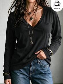 Ceyna Plus Size Women French Casual Elegant Loose Long Sleeve V-Neck T-Shirt - Black - View 1