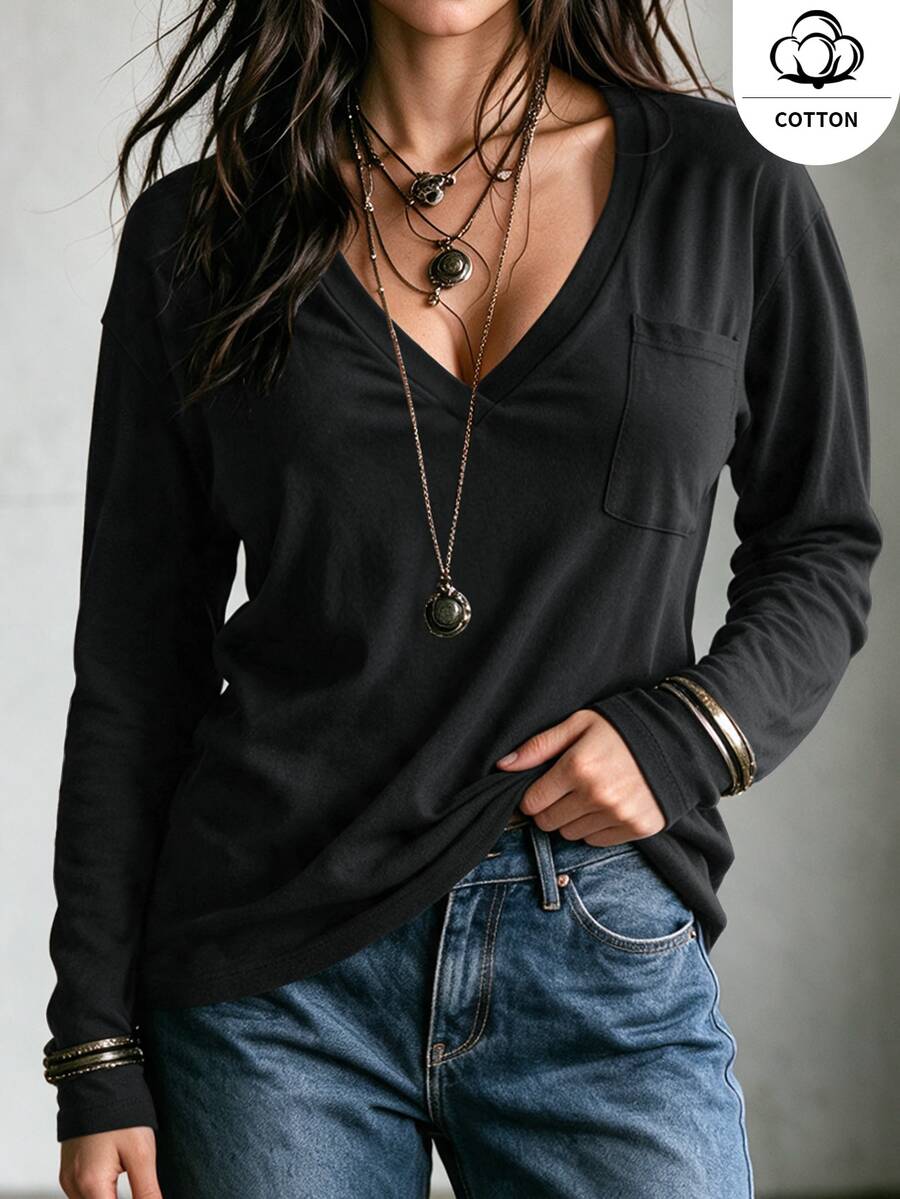 Ceyna Plus Size Women French Casual Elegant Loose Long Sleeve V-Neck T-Shirt - Black - View 1