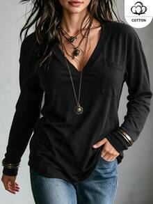 Ceyna Plus Size Women French Casual Elegant Loose Long Sleeve V-Neck T-Shirt - Black - View 4