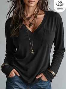 Ceyna Plus Size Women French Casual Elegant Loose Long Sleeve V-Neck T-Shirt - Black - View 5