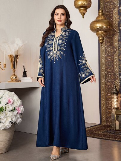 Al Najma Embroidered High-End Elegant Patchwork Ribbon Long Sleeve Stand Collar Loose Robe,Navy Blue,Summer,Modest,Muslim,Wedding, Al-Adha Turkish Style
