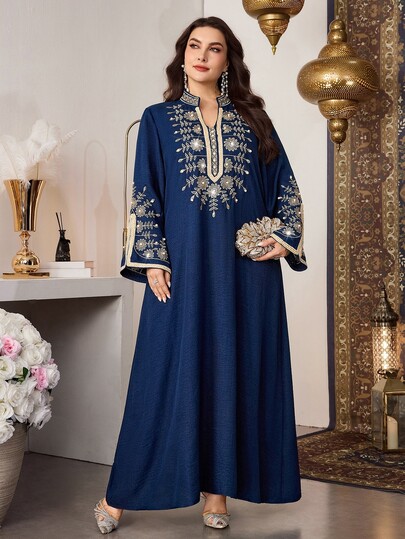 Al Najma Embroidered High-End Elegant Patchwork Ribbon Long Sleeve Stand Collar Loose Robe,Navy Blue,Summer,Modest,Muslim,Wedding, Al-Adha Turkish Style