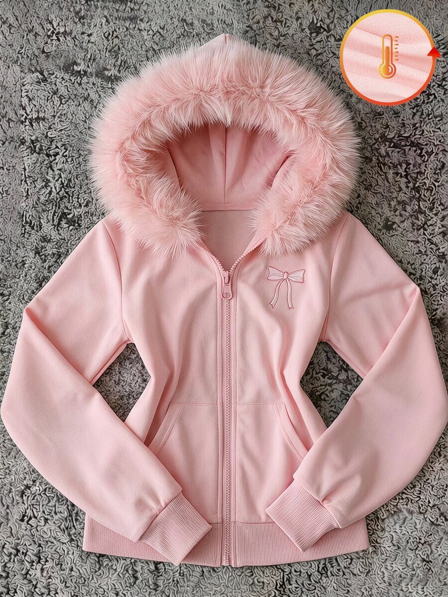 SHEIN Sparklyn Teen Girls Y2K Cute Pink Bow Embroidery Faux Fur Trim Faux Fleece Hooded Zip Up Sweatshirt Jacket Fall Winter Daily Casual Warm Outerwear Top - Pink - View 1