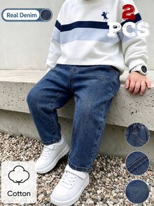 Baby Boys Horse Graphic White Blue Preppy Athletic Spanish Crewneck Sweatshirt And Jeans 2 Pieces Autumn Outfit Set School Family Matching - Multicolor - View 1