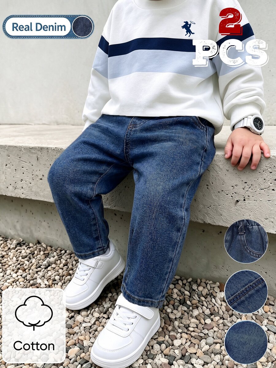 Baby Boys Horse Graphic White Blue Preppy Athletic Spanish Crewneck Sweatshirt And Jeans 2 Pieces Autumn Outfit Set School Family Matching - Multicolor - View 1