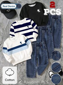 Baby Boys Horse Graphic White Blue Preppy Athletic Spanish Crewneck Sweatshirt And Jeans 2 Pieces Autumn Outfit Set School Family Matching - Multicolor - View 4