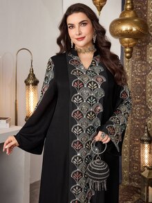 Al Najma 加大码女式土耳其立领喇叭袖宽松刺绣串珠细节工艺立领长袖刺绣装饰宽松长款土耳其束腰外衣 - 黑色 - 查看 1