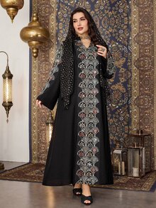 Al Najma 加大码女式土耳其立领喇叭袖宽松刺绣串珠细节工艺立领长袖刺绣装饰宽松长款土耳其束腰外衣 - 黑色 - 查看 7