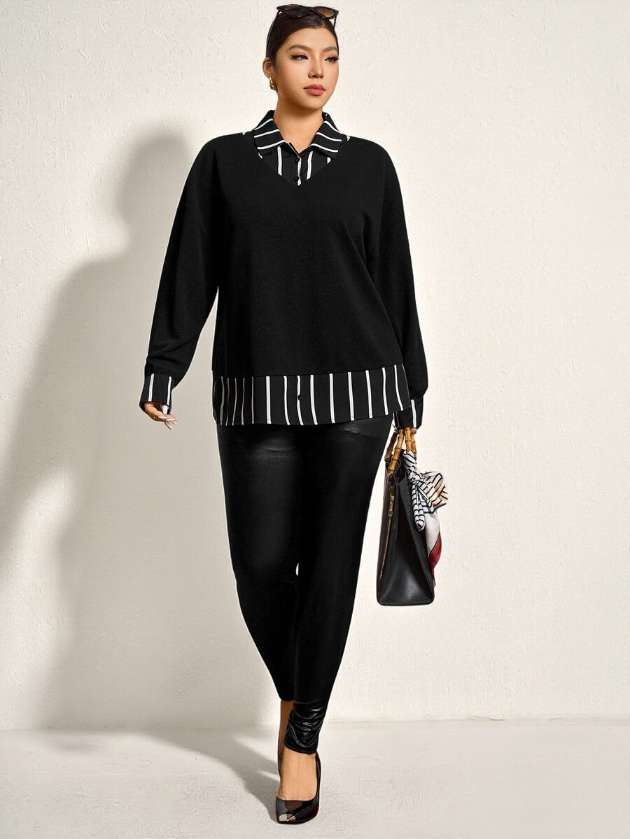 Comfylo Plus Size Women's Black & White Contrast Collar 2 In 1 Top, Thanksgiving New Years Winter Rave Cozy Fall Christmas Top