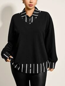 Comfylo Plus Size Women's Black & White Contrast Collar 2 In 1 Top, Thanksgiving New Years Winter Rave Cozy Fall Christmas Top - Black and White - View 3