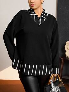 Comfylo Plus Size Women's Black & White Contrast Collar 2 In 1 Top, Thanksgiving New Years Winter Rave Cozy Fall Christmas Top - Black and White - View 7
