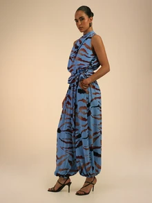Dancing Leopard Blue Abstract Print Tie Waist Balloon Pants, Holiday/Vacation Wear - Multicolor - View 5
