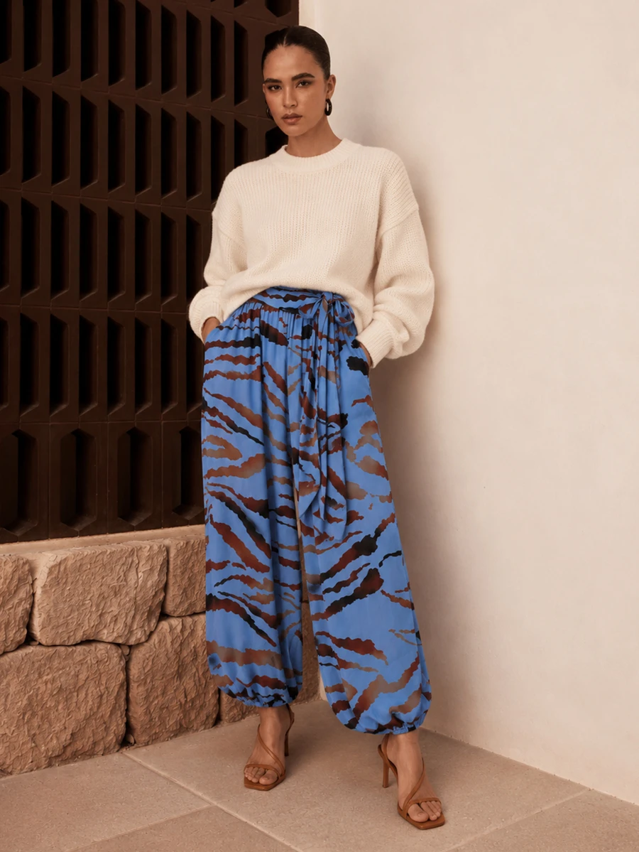 Dancing Leopard Blue Abstract Print Tie Waist Balloon Pants, Holiday/Vacation Wear - Multicolor - View 1