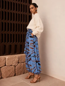 Dancing Leopard Blue Abstract Print Tie Waist Balloon Pants, Holiday/Vacation Wear - Multicolor - View 3