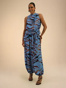 Dancing Leopard Blue Abstract Print Tie Waist Balloon Pants, Holiday/Vacation Wear - Multicolor - View 4