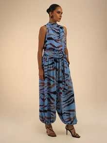 Dancing Leopard Blue Abstract Print Tie Waist Balloon Pants, Holiday/Vacation Wear - Multicolor - View 6