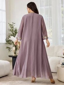 Al Najma Casual Solid Color Embroidered Ruffle Trim Loose Fit Sweetheart Neck Long Sleeve Plus Size Women Arabic Maxi Dress, Spring/Summer - Dusty Pink - View 2
