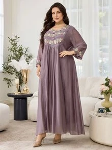Al Najma Casual Solid Color Embroidered Ruffle Trim Loose Fit Sweetheart Neck Long Sleeve Plus Size Women Arabic Maxi Dress, Spring/Summer - Dusty Pink - View 3