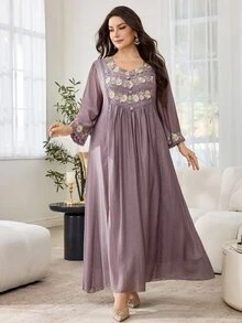 Al Najma Casual Solid Color Embroidered Ruffle Trim Loose Fit Sweetheart Neck Long Sleeve Plus Size Women Arabic Maxi Dress, Spring/Summer - Dusty Pink - View 4