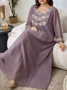 Al Najma Casual Solid Color Embroidered Ruffle Trim Loose Fit Sweetheart Neck Long Sleeve Plus Size Women Arabic Maxi Dress, Spring/Summer - Dusty Pink - View 7
