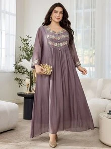 Al Najma Casual Solid Color Embroidered Ruffle Trim Loose Fit Sweetheart Neck Long Sleeve Plus Size Women Arabic Maxi Dress, Spring/Summer - Dusty Pink - View 1