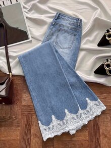 GlowEve Women's Casual Romantic Lace Versatile Daily Wear Denim Jeans With Pocket, And Lace Patchwork Everyday Date Light Blue Summer Autumn Winter Elegant - Blue - View 3