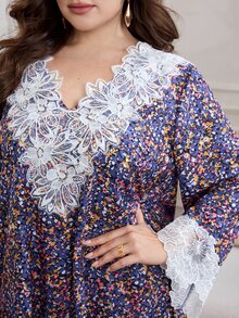 Al Najma Casual Allover Floral Print Ruffle Trim V-Neck Long Sleeve Loose Regular Fit Maxi Dress For Plus Size Women, Spring/Autumn - Multicolor - View 4
