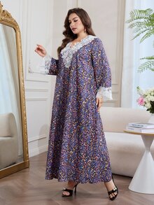 Al Najma Casual Allover Floral Print Ruffle Trim V-Neck Long Sleeve Loose Regular Fit Maxi Dress For Plus Size Women, Spring/Autumn - Multicolor - View 3