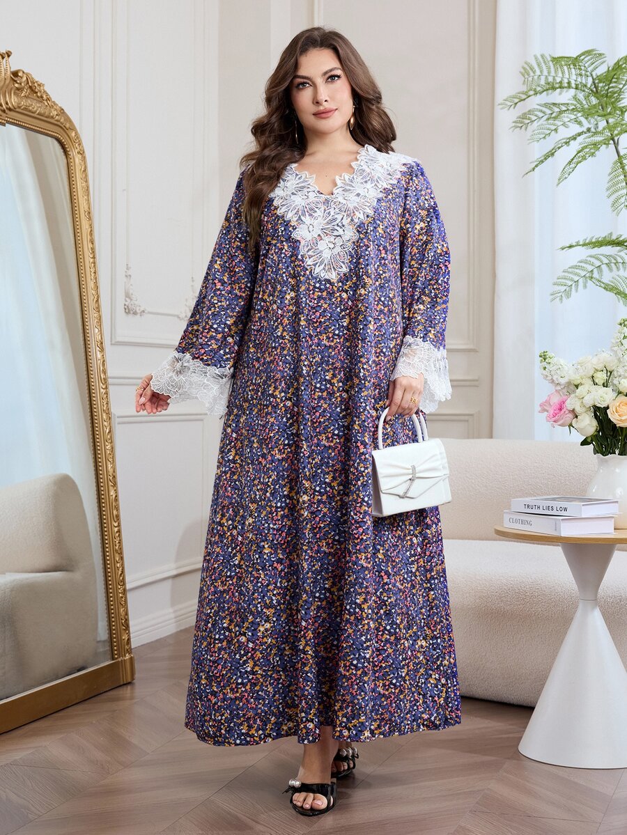 Al Najma Casual Allover Floral Print Ruffle Trim V-Neck Long Sleeve Loose Regular Fit Maxi Dress For Plus Size Women, Spring/Autumn - Multicolor - View 1