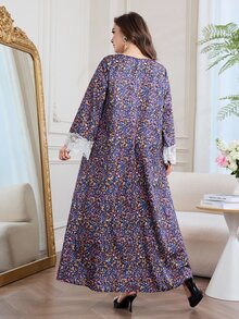 Al Najma Casual Allover Floral Print Ruffle Trim V-Neck Long Sleeve Loose Regular Fit Maxi Dress For Plus Size Women, Spring/Autumn - Multicolor - View 2