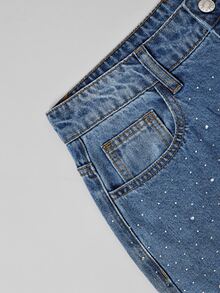 GlowEve Women's Casual Wide Leg Jeans With Pocket, Rhinestone Embellishment, Lace Hem - Medium Wash - View 3