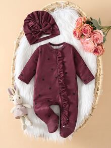 SHEIN 嬰兒新生兒紅色愛心印花連身衣附帽子2件套，嬰兒荷葉邊飾連腳爬行連身衣，適合四季，完美適用於派對、滿月派對、拍照、婚禮、約會及其他節日場合 - 酒紅色 - 查看 7