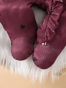 SHEIN 嬰兒新生兒紅色愛心印花連身衣附帽子2件套，嬰兒荷葉邊飾連腳爬行連身衣，適合四季，完美適用於派對、滿月派對、拍照、婚禮、約會及其他節日場合 - 酒紅色 - 查看 6