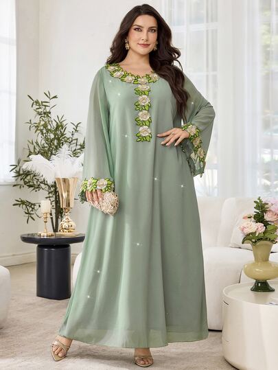 Al Najma Plus Size Women Floral Sleeve Collar Decor Sequin & Pearl Embellished Flowy Loose Tunic Dress