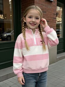 Striped Cute Puppy Pattern Half-Zip Sweatshirt, Suitable For Little Girls To Wear In Autumn And Winter, Comfortable Simple Casual Daily Style - Multicolor - View 3