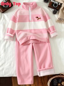 Striped Cute Puppy Pattern Half-Zip Sweatshirt, Suitable For Little Girls To Wear In Autumn And Winter, Comfortable Simple Casual Daily Style - Multicolor - View 6