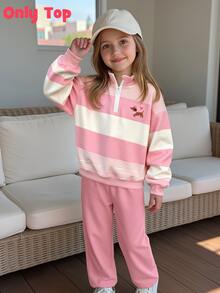 Striped Cute Puppy Pattern Half-Zip Sweatshirt, Suitable For Little Girls To Wear In Autumn And Winter, Comfortable Simple Casual Daily Style - Multicolor - View 4