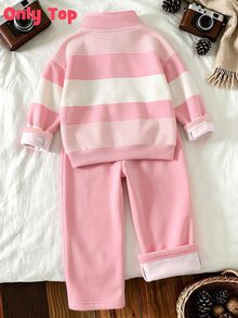 Striped Cute Puppy Pattern Half-Zip Sweatshirt, Suitable For Little Girls To Wear In Autumn And Winter, Comfortable Simple Casual Daily Style - Multicolor - View 2